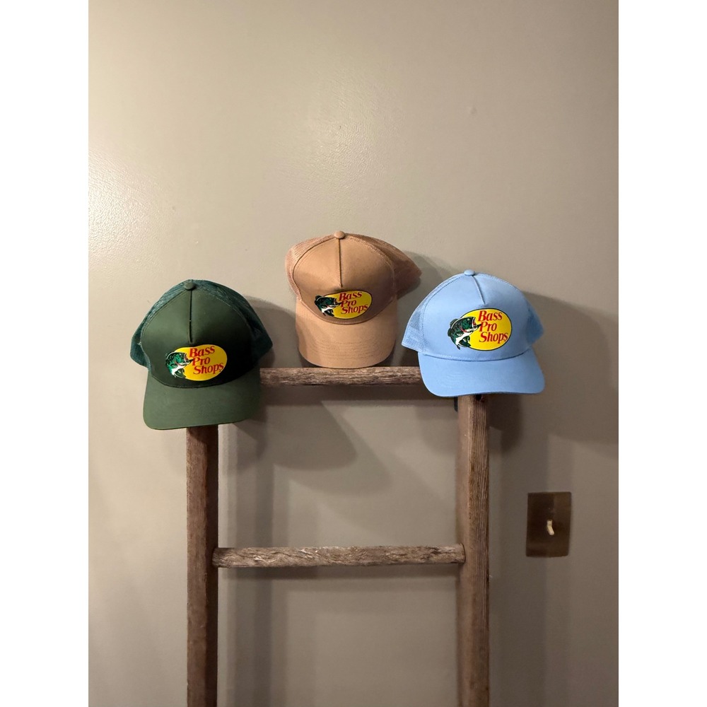 Bass Pro Shops Trucker Hat Bundle Set of 3 Green Tan Blue Snapback Mesh Caps